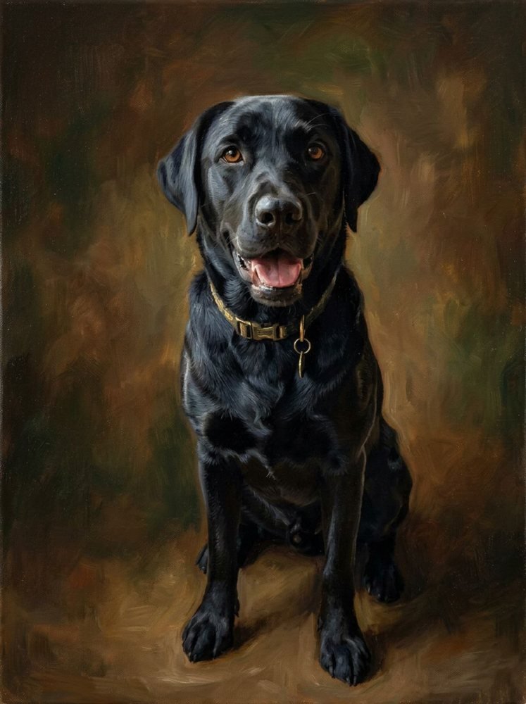 Classic Oil portrait of a black labrador