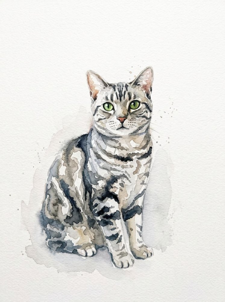 Pure Watercolour portrait of a tabby cat