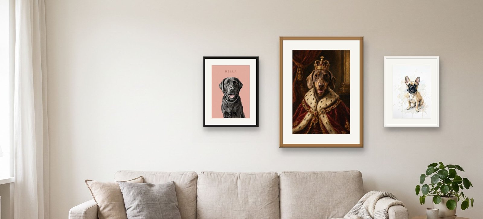 Three framed pet portrait prints, in colour block, regal and watercolour styles, hung as a gallery wall above a sofa